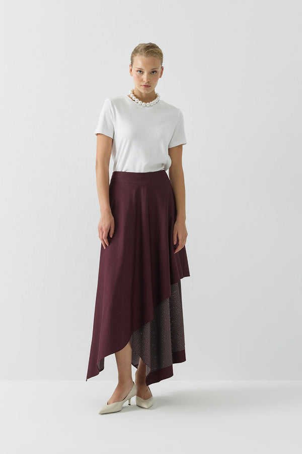 Çizgili Kumaş Garnili Etek Mürdüm