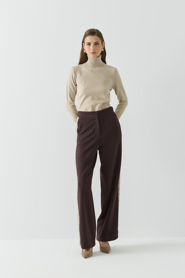 TRİKO ŞERİTLİ ÖRME PANTOLON KAHVE