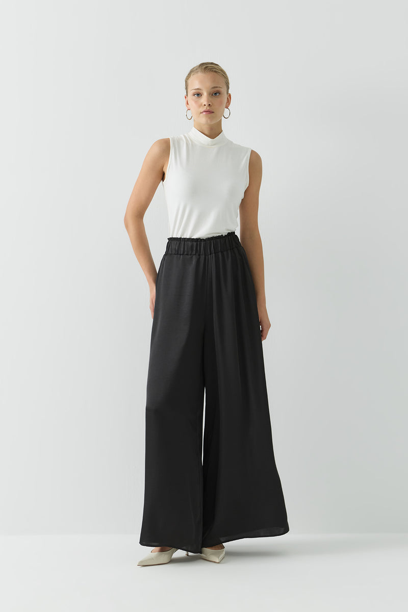 Beli Lastikli Bol Paça Pantolon Siyah