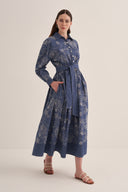 LACİVERT FLORAL DENİM ELBİSE