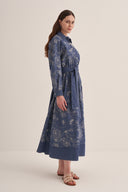 LACİVERT FLORAL DENİM ELBİSE