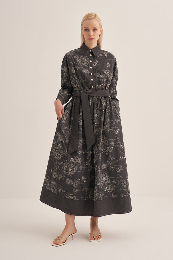 SİYAH FLORAL DENİM ELBİSE - Clande