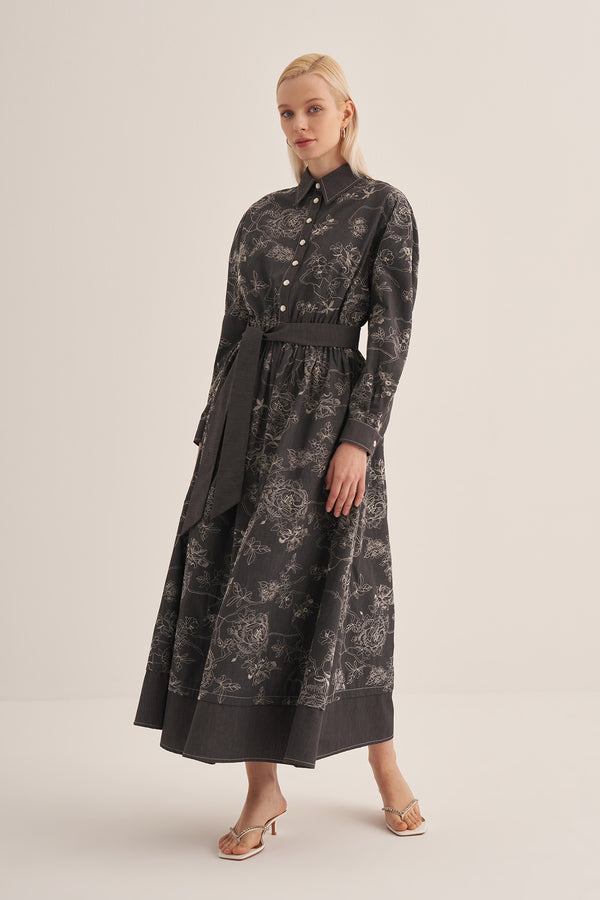 SİYAH FLORAL DENİM ELBİSE - Clande