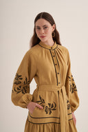 YAĞ YEŞİLİ NAKIŞLI TENCEL ELBİSE