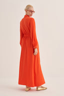 ORANJ ZİNCİR APOLET DETAYLI TENCEL ELBİSE